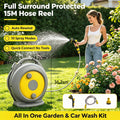 15M Auto Retractable Garden Hose Reel Full Surround Protective Water Pipe Cart Quick Connect Sprayer Gun 10 Spray Modes Yard Irrigation Car Washing Hose Set