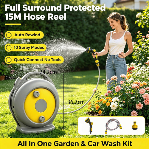 15m auto-retractable garden hose reel cart with yellow control panel and protective housing