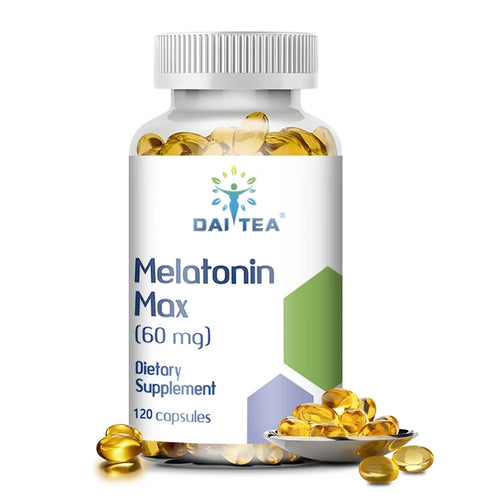 Dai Tea Melatonin Max 60mg sleep supplement, 120 capsules, in white packaging with green and purple geometric accents.