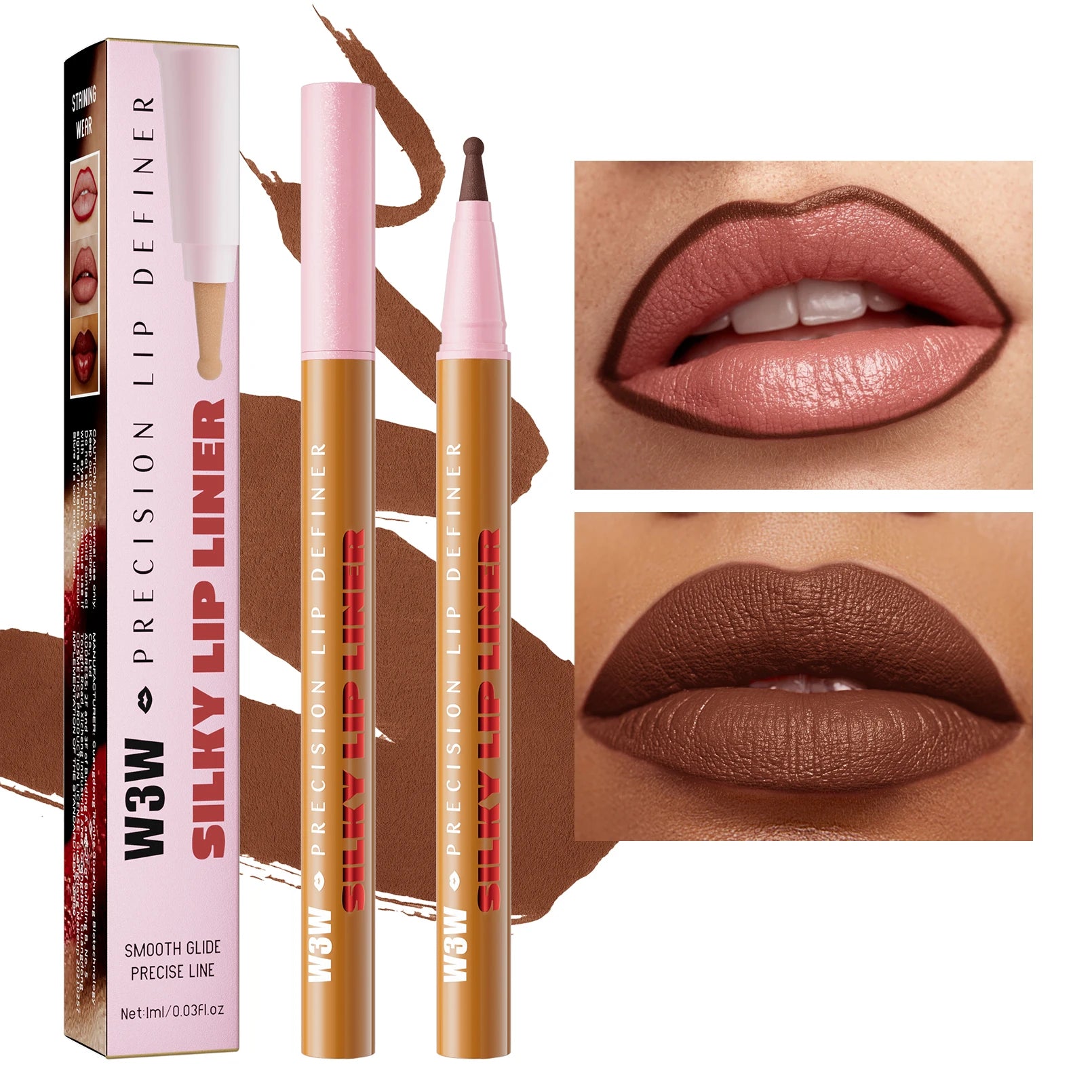 Waterproof brown liquid matte lip liner pencil for precision lining and plumping, with packaging and lip swatches.