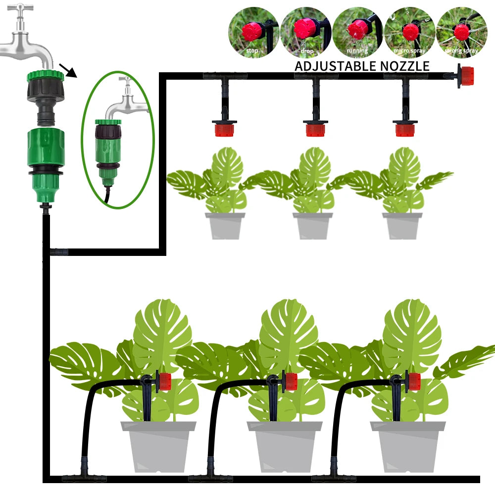 Adjustable drip irrigation system with misting nozzle spraying multiple red drippers over potted plants.