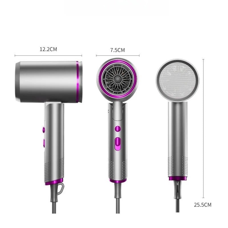 Foldable silver and purple negative ion hair dryer with high-speed motor and ergonomic design for salon-style drying.