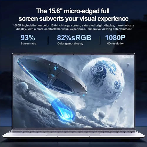 Silver 15.6-inch laptop with thin bezels, integrated webcam, and a backlit keyboard with a centered trackpad.