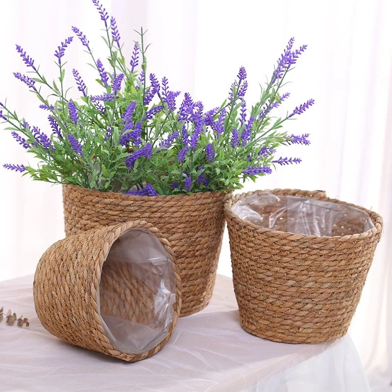 Straw Weaving Flower Plant Pot Basket Grass Planter Basket Indoor Outdoor Flower Pot Cover Plant Containers for Plantable Plants