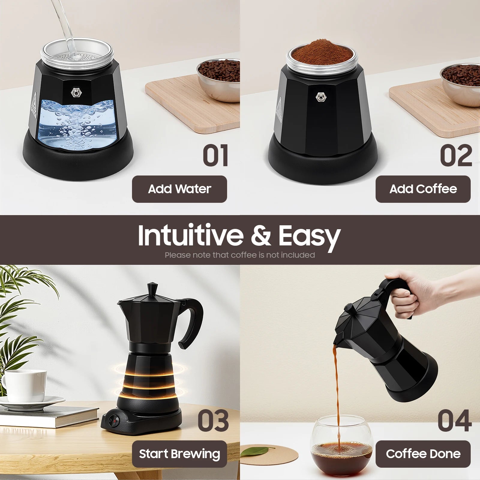 Black electric moka pot coffee maker showing 4-step brewing process with water, coffee grounds, and pouring espresso.