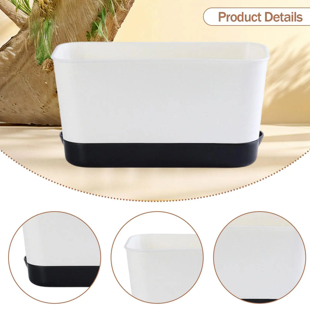 White rectangular planter with black base panel and breathable tray-style design.