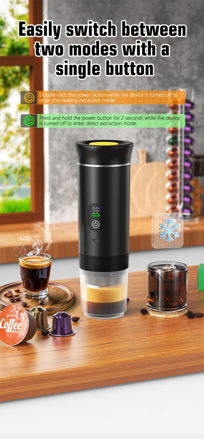 Portable black handheld espresso maker with digital display and clear capsule chamber for hot and iced coffee brewing.