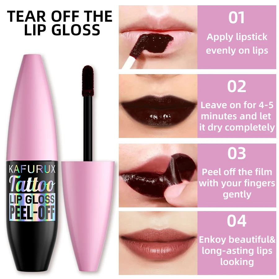 Long-lasting peel-off lip gloss with dark liquid tint, applicator, and step-by-step application instructions.