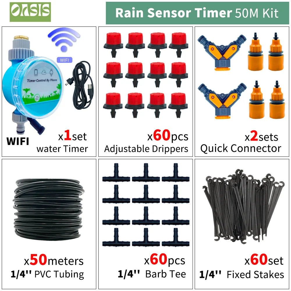 OASIS 50M-5M DIY Drip Irrigation System Automatic Watering Garden Hose Micro Drip Watering Kits with Adjustable Drippers