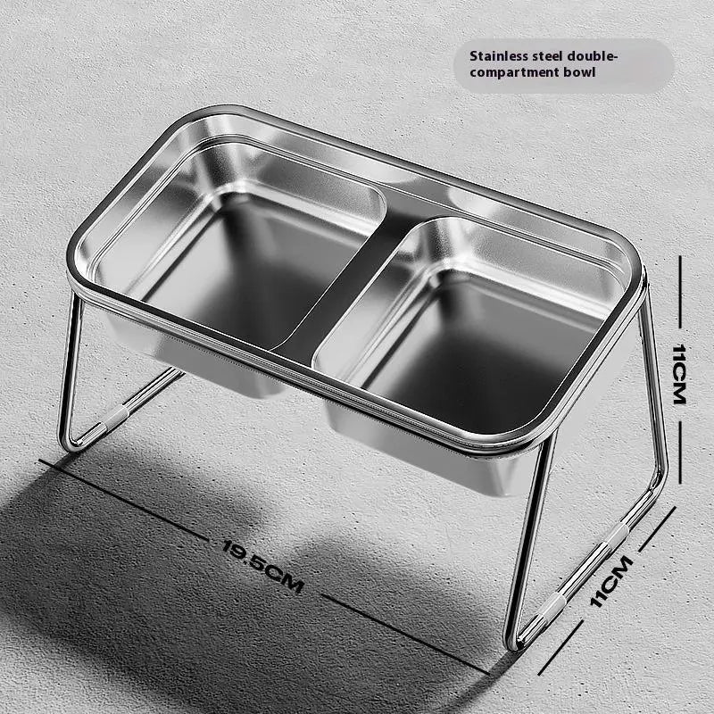Slanted stainless steel double pet bowl for cats and dogs to prevent neck strain and improve feeding posture.