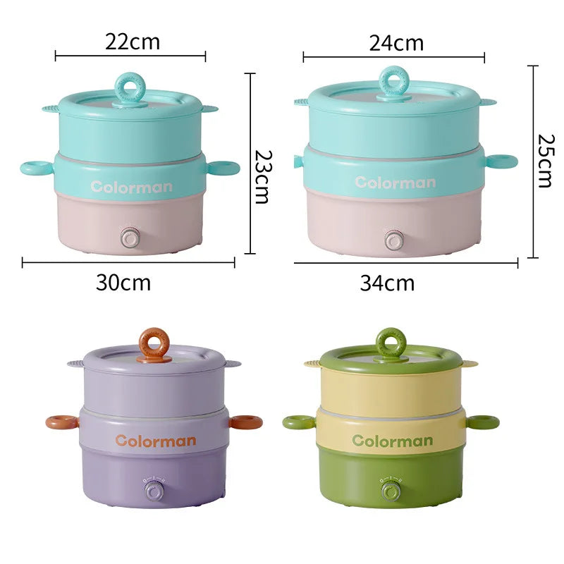 Teal and pink electric multi-cooker pots with lids and dual handles, Colorman