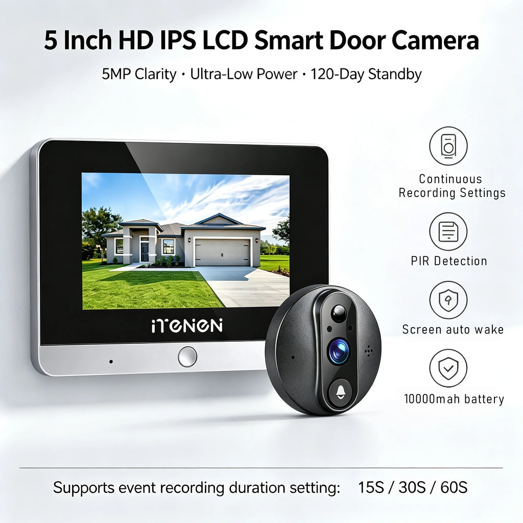 5inch Tuya Smart HD 5MP Peepholes Video Doorbells 2.4G Wifi Two Way Audio Digital Door Camera With 10000mah Battery IR Night Vision 160° Wide Angle Support Continuous Recording