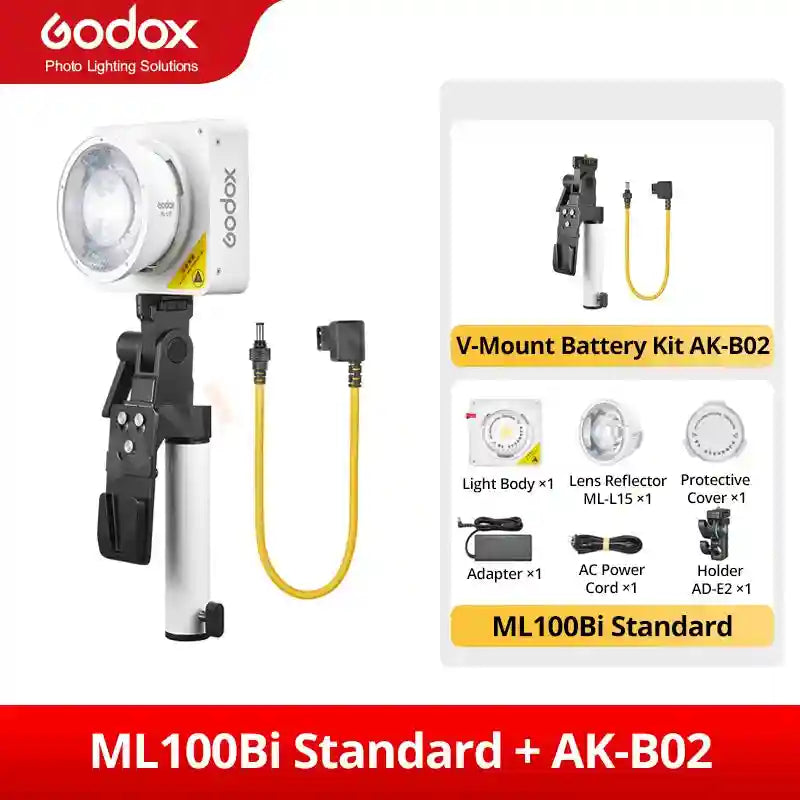 ML100Bi LED light with V-Mount battery kit, includes reflector, protective cover, power adapter, and mounting hardware.
