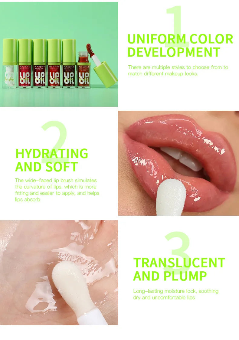 Waterproof lip gloss with high-shine finish, hydrating texture, and applicator brush for plump, long-lasting lip makeup.