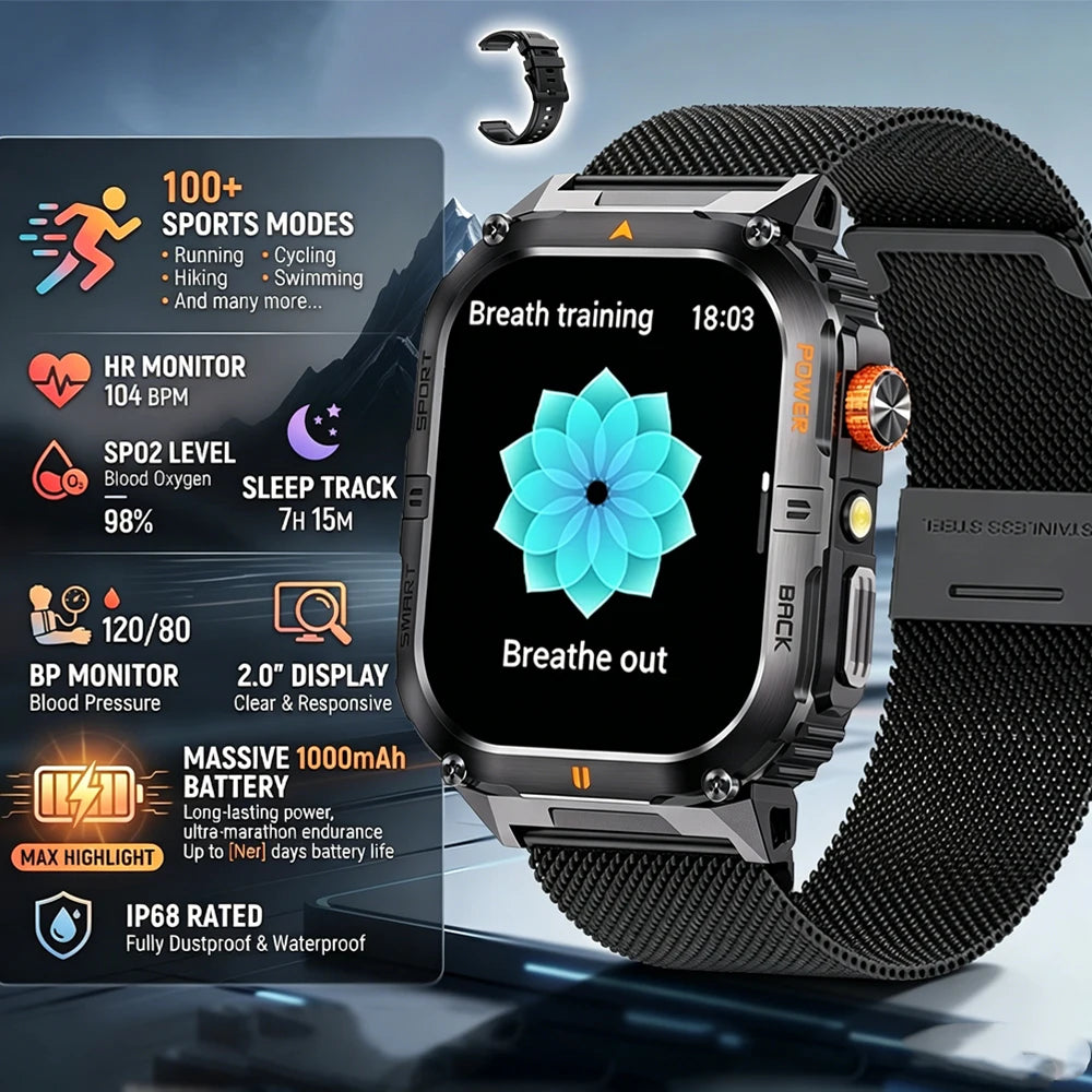 Hot Sell Gifts 2026 New Military SmartWatch Men Outdoor Sports IP68 Waterproof  LED Bluetooth Call Health Monitoring Men Women