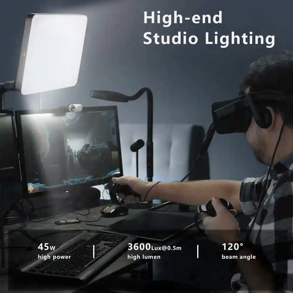 Square LED panel light mounted on a stand, providing bright, even illumination for gaming and video streaming.