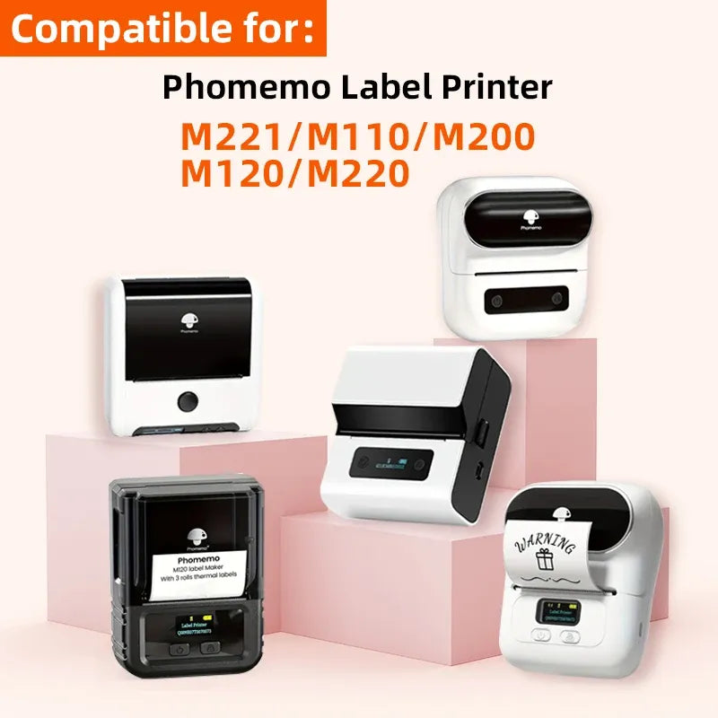 Thermal label paper compatible with label printers, with white printer images shown.