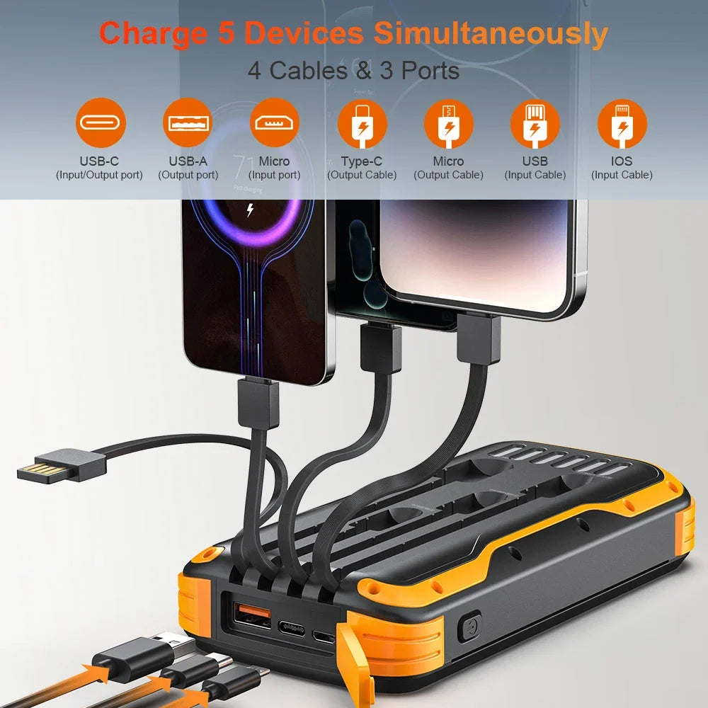 40000mAh Solar Power Bank with 4 Built-in Cables - PD 20W Fast Charger Tidesmit