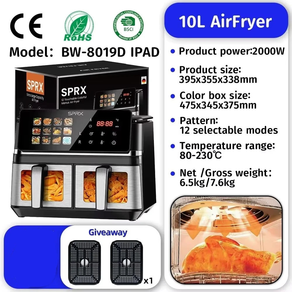 Commercial Digital Large-Capacity Touchscreen Display Stainless Steel Double Basket Smart Electric Square air Fryer Oven Home