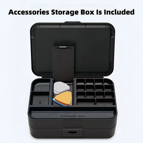 Black accessories storage box open with foam slots and replaceable screwdriver bits