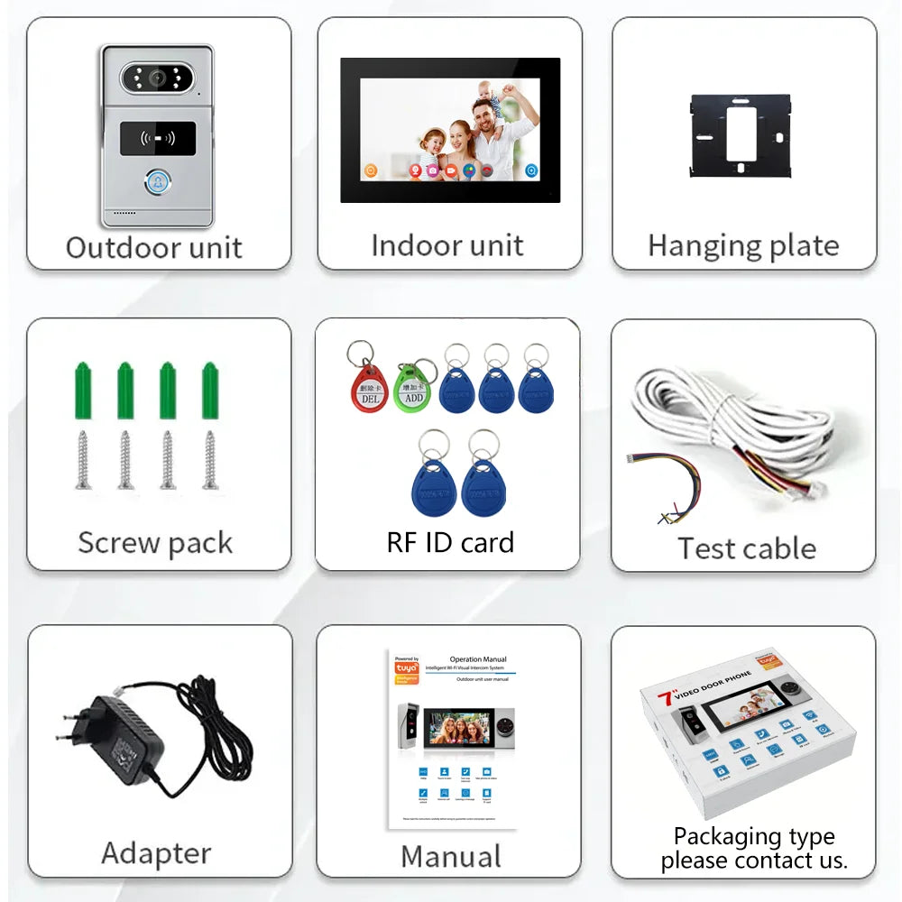 Wireless Wifi Video Doorbell System 1080P Doorphone Door Camera 7 Inch Touch Screen Video Intercom