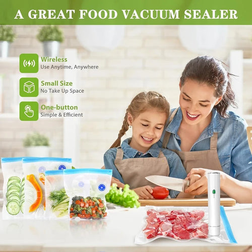 Cordless handheld vacuum sealer with sealed bags for home food preservation.