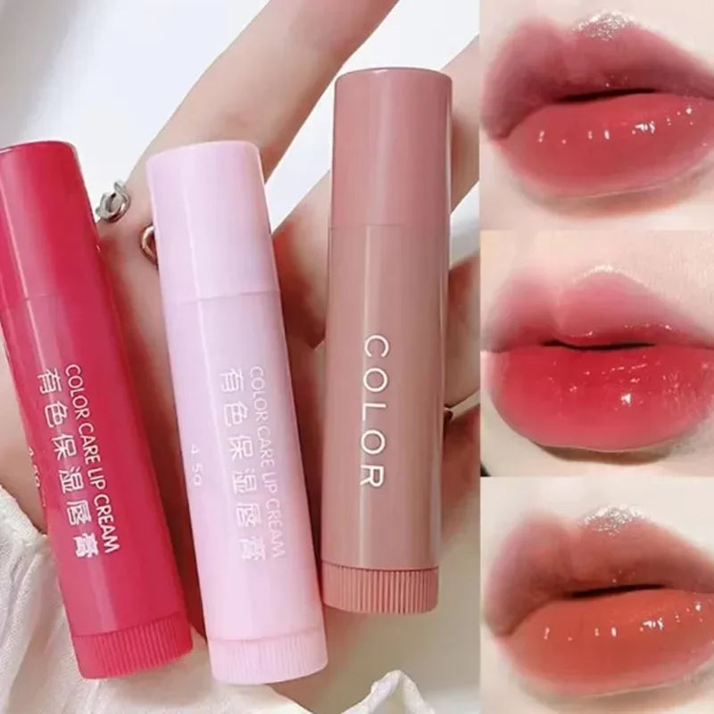 Three moisturizing Korean lip glazes in pink, nude, and red with a glossy, plump finish on lips.