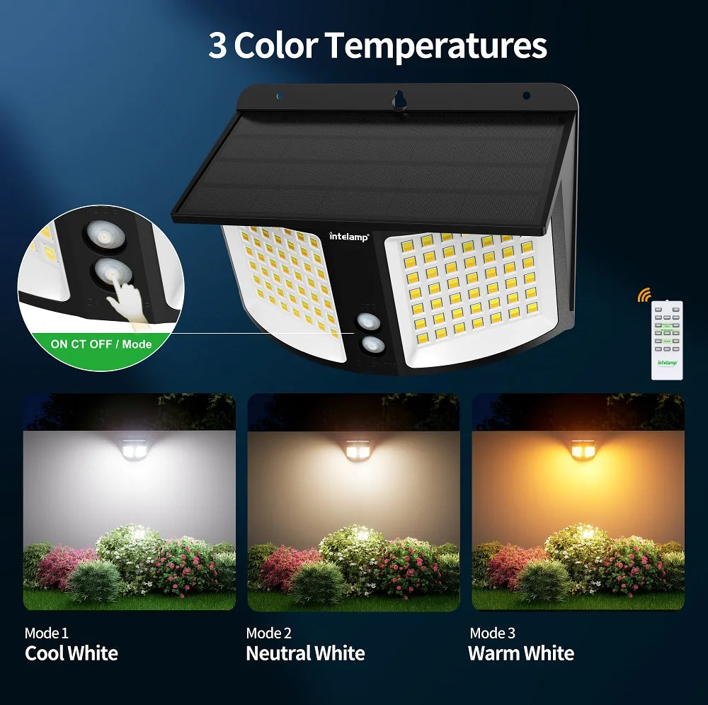 Intelamp 4000Mah Outdoor Solar Light 196 Led Security Flood Light with Remote Dual Motion Sensor 3 Color Modes 3000K/6500K Ip65 Waterproof Wall Light for Porch Garden Yard Garage Fence