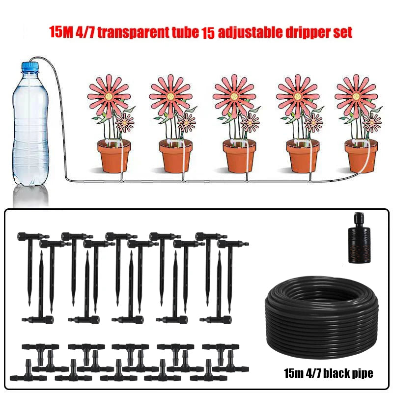 Adjustable drip irrigation kit with transparent tube, black emitters, 15m 4/7