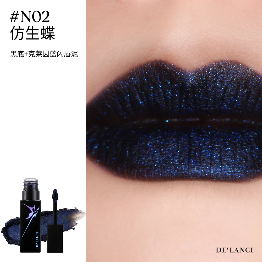 DE'LANCI dark blue shimmer lip mud with gothic punk style, featuring a glittery, high-pigment matte finish on lips.