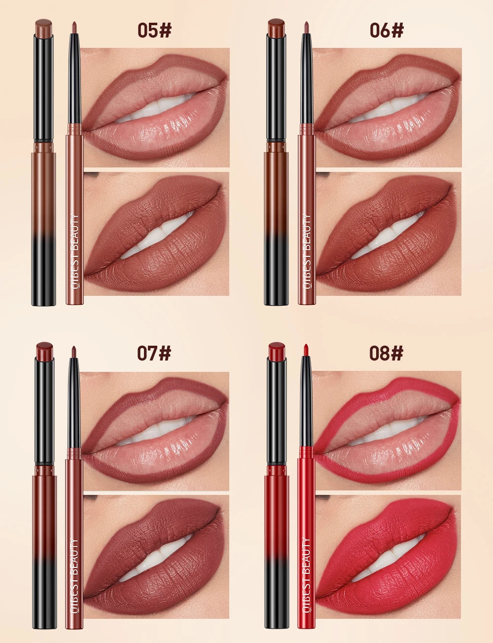 QIBEST matte nude lipstick and lip liner pencil set in waterproof, long-lasting shades for defined lip makeup.