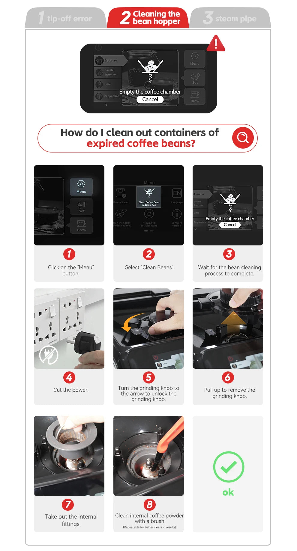Espresso machine bean hopper cleaning tutorial steps, including digital interface, knob removal, and brush cleaning.