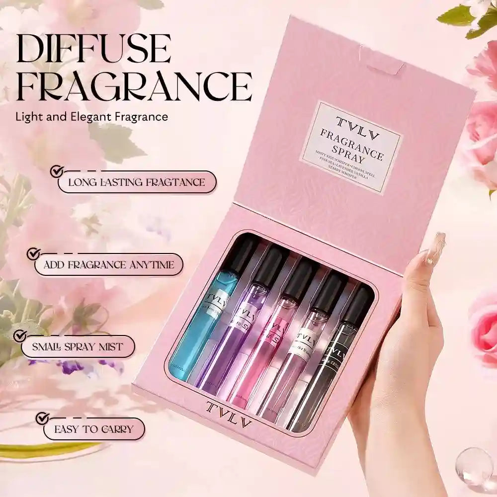 TVLV body fragrance spray set, 5 slim travel bottles, floral & vanilla notes, fresh long-lasting women's perfume gift.