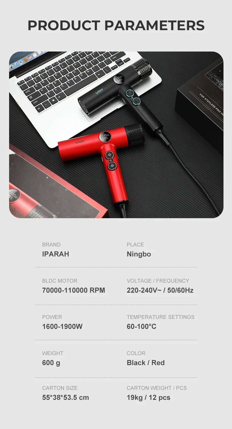 VGR V-401 professional hair dryer with digital display, brushless motor, and black or red ergonomic design.