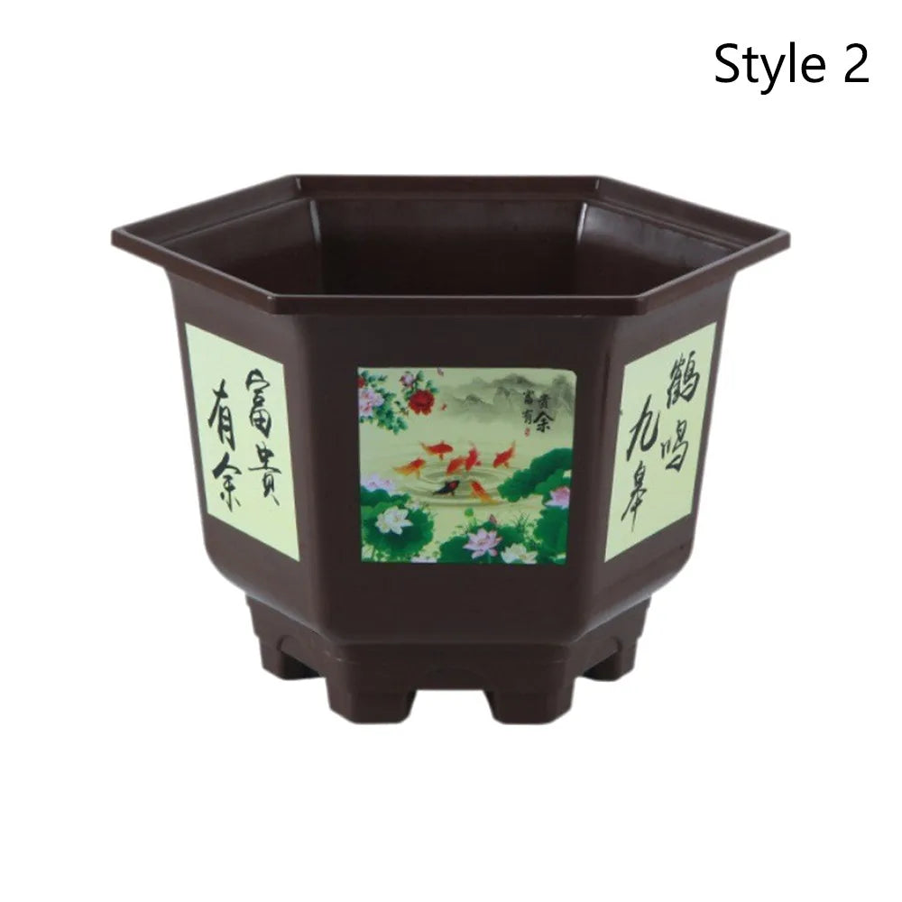 Dark brown plastic planter with landscape artwork on the front and sides