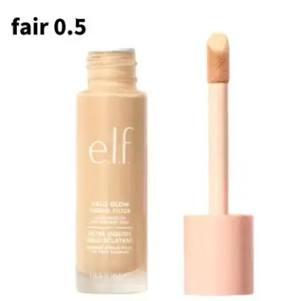 e.l.f. Halo Glow Liquid Filter in Fair 0.5, a radiant, lightweight liquid foundation bottle with an applicator wand.