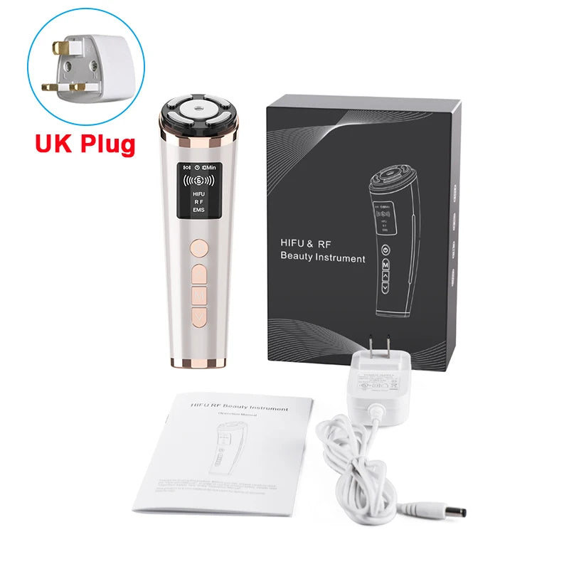 Rose gold handheld HIFU and RF beauty device with screen, power adapter, UK plug, and instruction manual in a gift box.