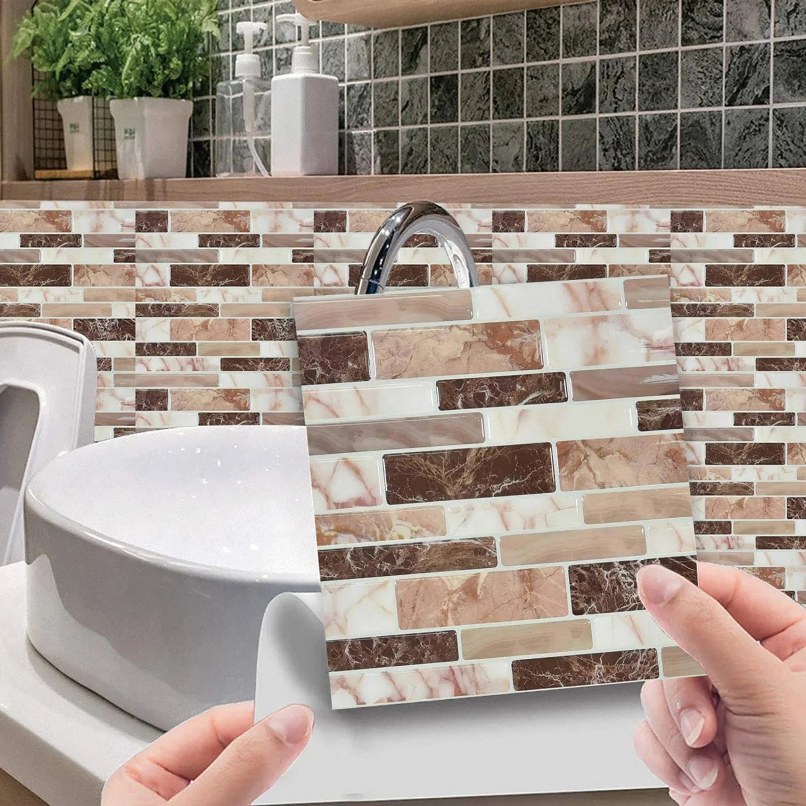 Self-adhesive mosaic tile sticker sheet, applied on bathroom wall with marbled bricks