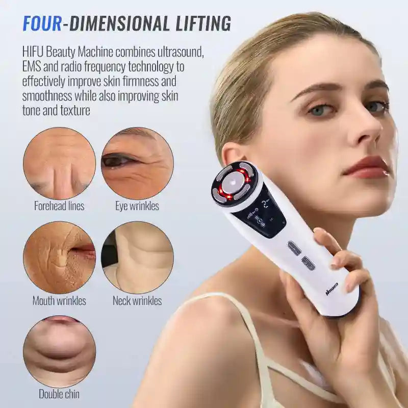 White Mini HIFU RF EMS facial lifting machine for anti-wrinkle skin tightening and facial rejuvenation at home.
