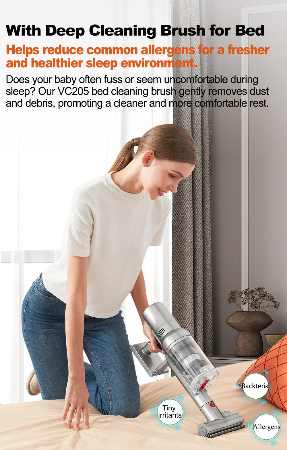 Tidesmit ABIR VC205 cordless vacuum with smart dust sensor, touch screen, and 27000PA suction for carpet cleaning