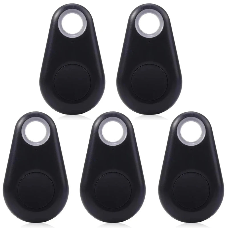 5-pack black wireless mini GPS pet trackers for collars. Bluetooth smart tags to prevent lost pets and keys via app.
