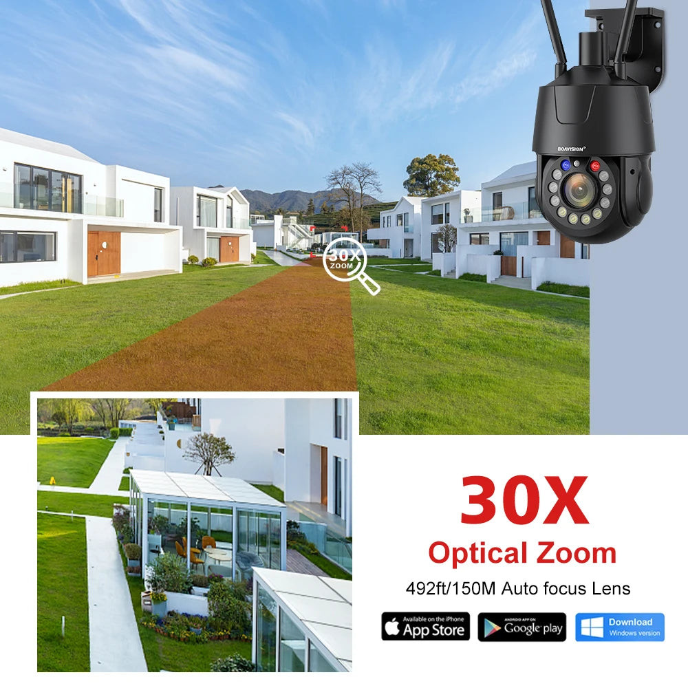 Outdoor Surveillance Camera WIFI 4G POE 8MP 5MP 30X Optical Zoom AI Auto Tracking 150M IR Distance Metal PTZ Security Camera