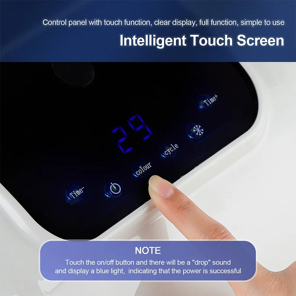 Black digital touch screen control panel with glowing blue icons and display for adjusting time and cycle settings.