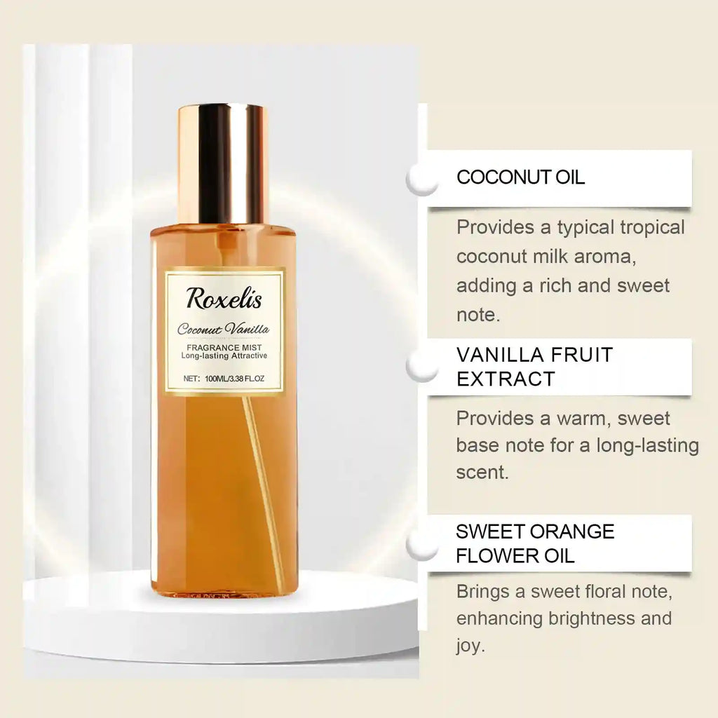 Roxelis Coconut Vanilla fragrance mist in a tall, cylindrical 100ml clear bottle with a metallic gold cap.