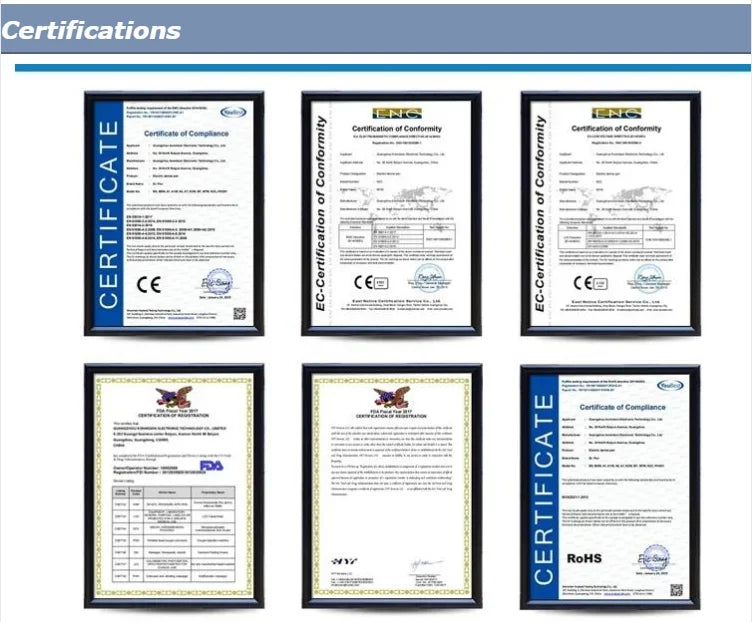 CE, FDA, and RoHS compliance certificates for LDM anti-aging face lifting and skin rejuvenation beauty equipment.