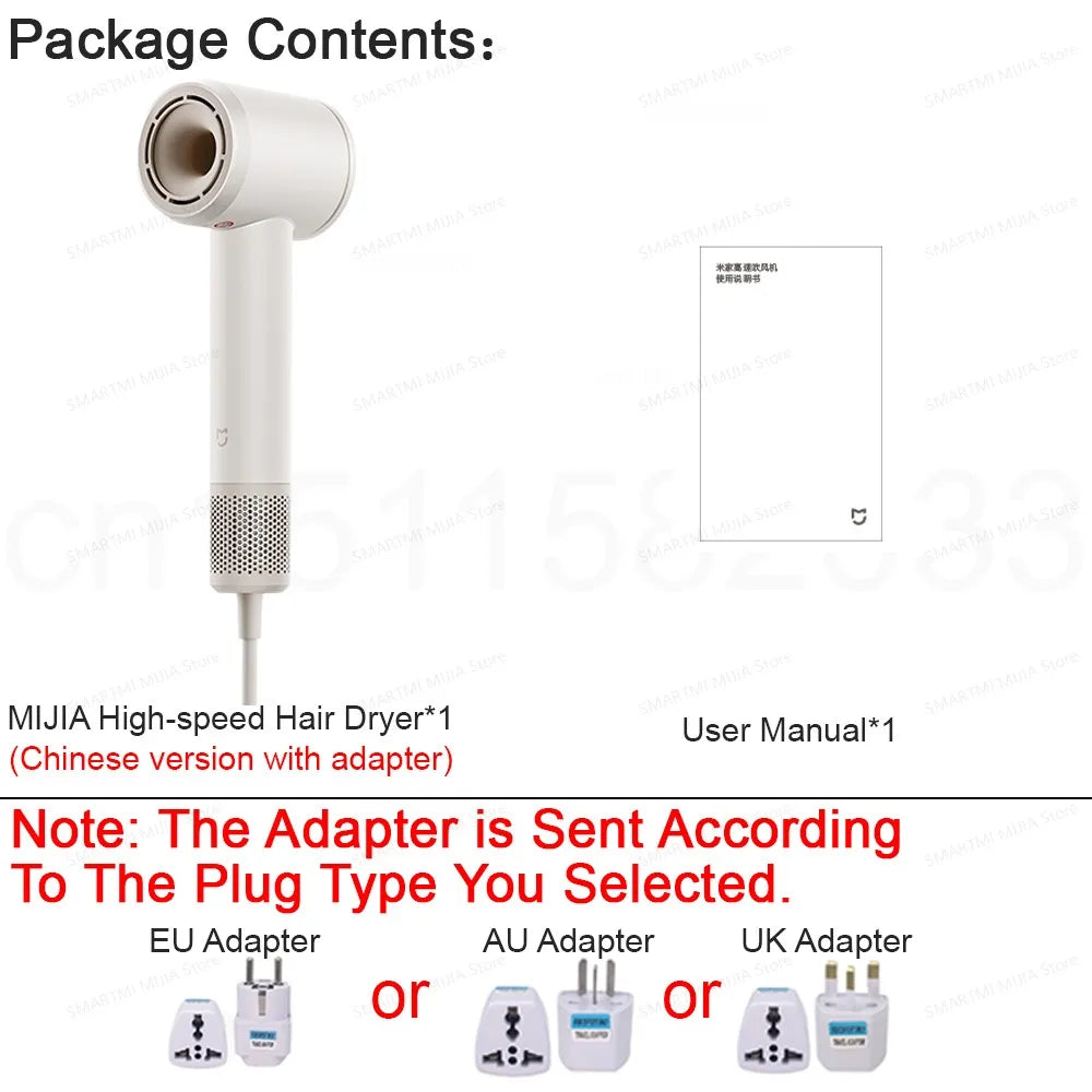 White MIJIA high-speed hair dryer with plug adapter, manual, and powerful 110,000rpm motor for fast drying.