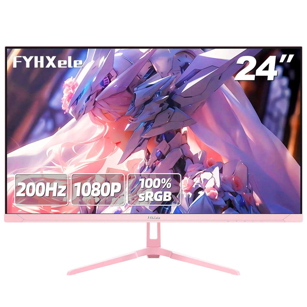 FYHXele 24" 200Hz Gaming Monitor FHD 1080P Fast IPS 1ms FreeSync 99% sRGB HDMI DP USB VESA Mountable Pink