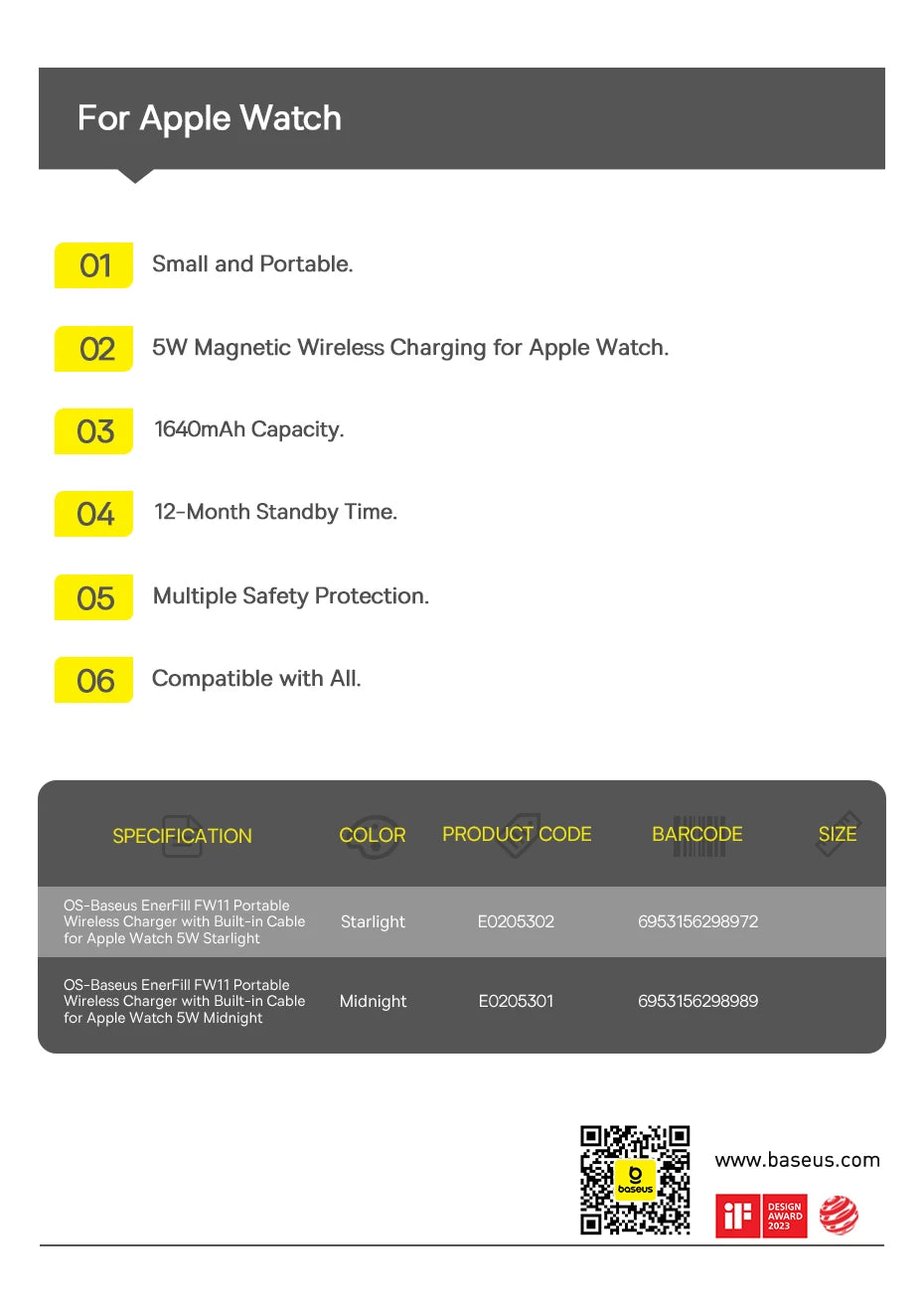 Baseus 5W Magnetic Wireless Charger For Apple Watch USB-C Built-in Cable For Apple Watch S1-S10 SE SE2 Ultra2
