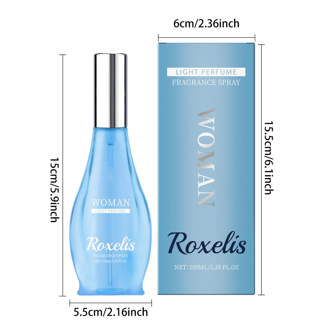 Roxelis Woman Coconut Oriental Eau de Toilette. Elegant blue teardrop bottle and box, fresh tropical fragrance spray.