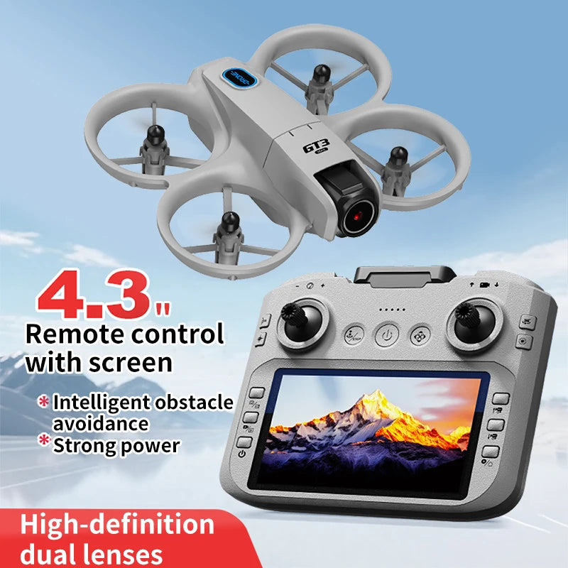 GT3 Max grey quadcopter drone with protective ring guards, camera, and remote controller featuring a 4.3-inch screen.